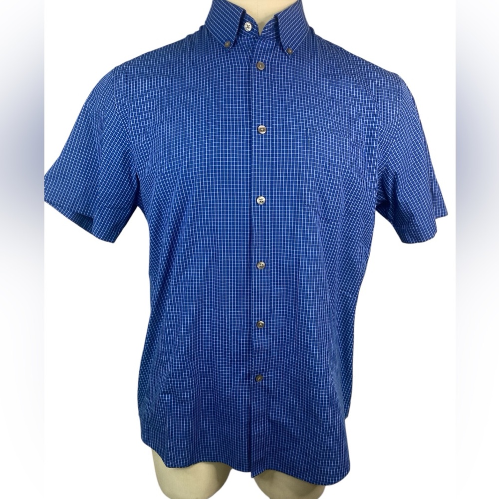 Van Heusen Short Sleeve Button Up Men's Blue Checkered Shirt Large 16-16 1/2